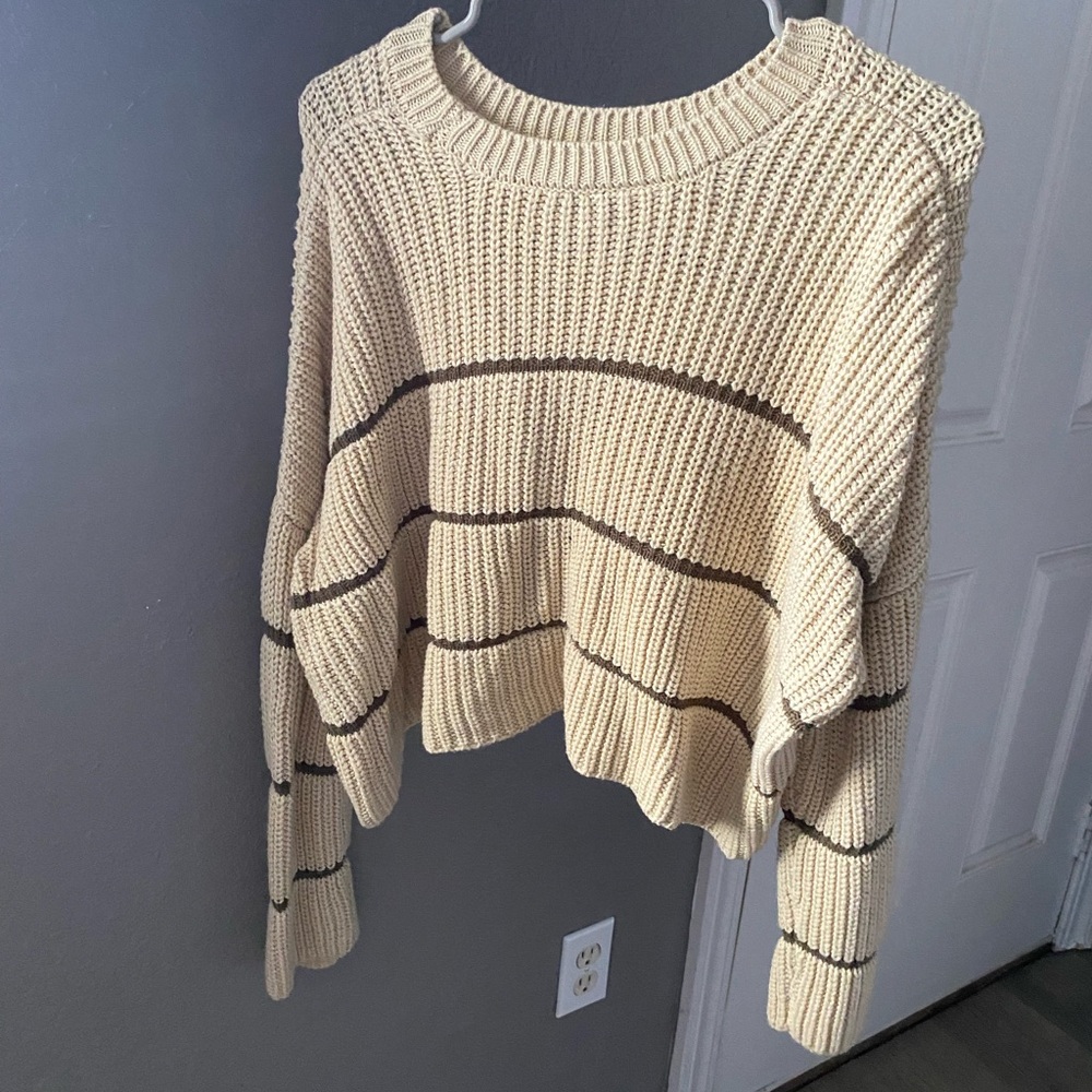 Cream Cropped Striped Sweater